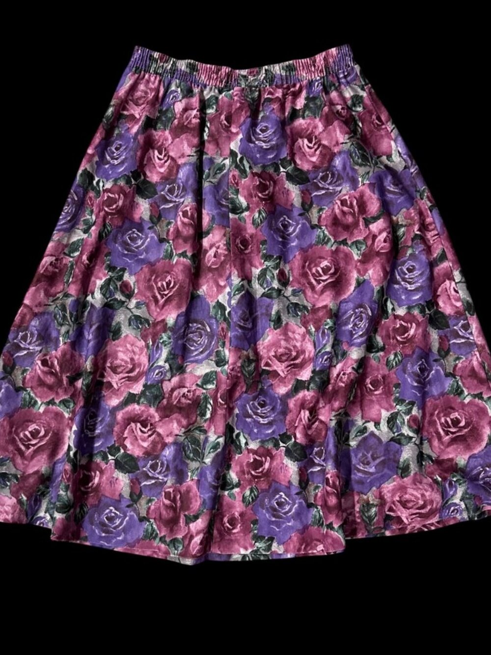 Vintage Floral Skirt Elastic Waist Size 12 Midi Purple Pink Roses Cottage USA - Picture 3 of 7